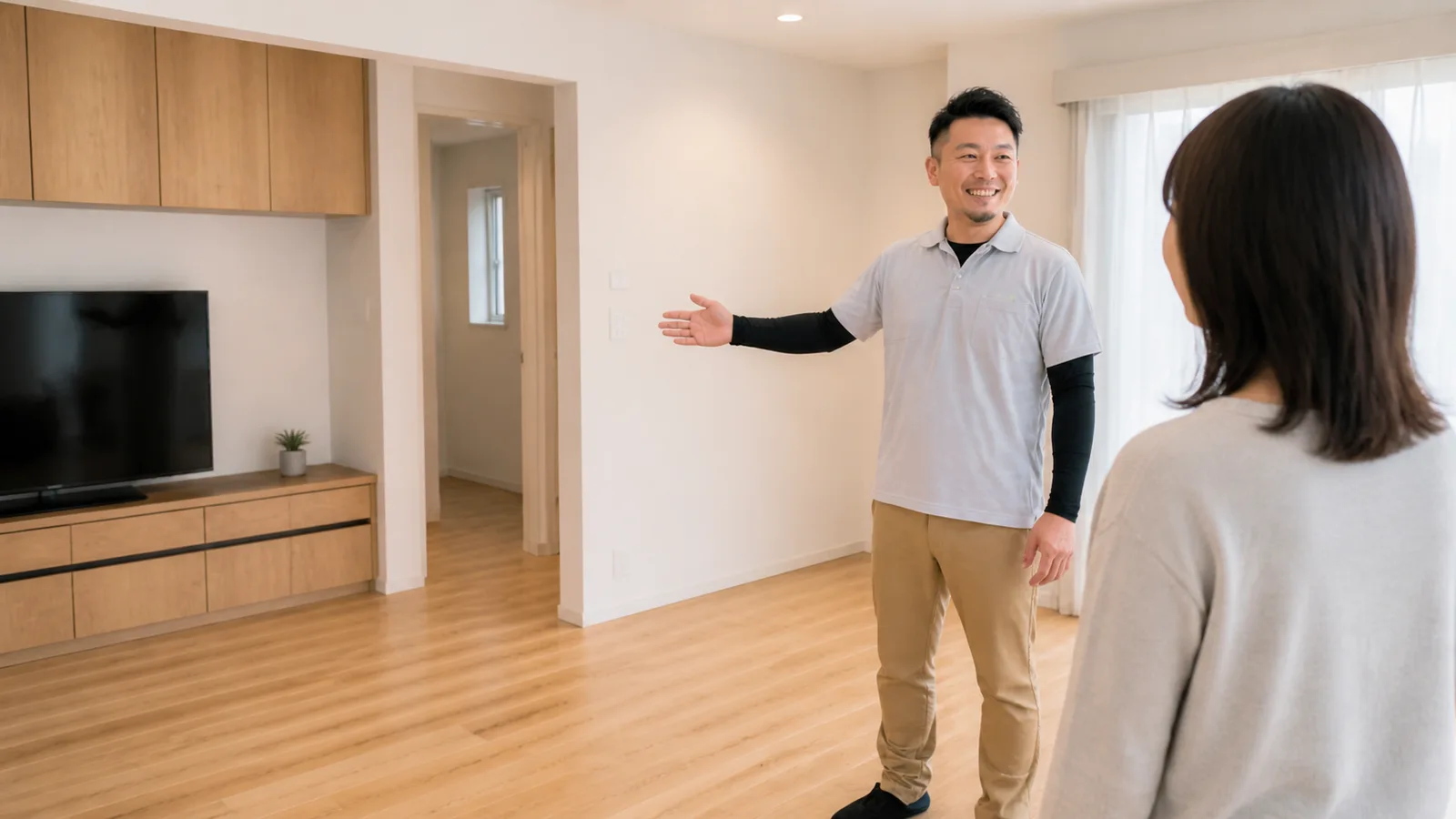 明るい木目の床と造作収納を大野さんが紹介する場面